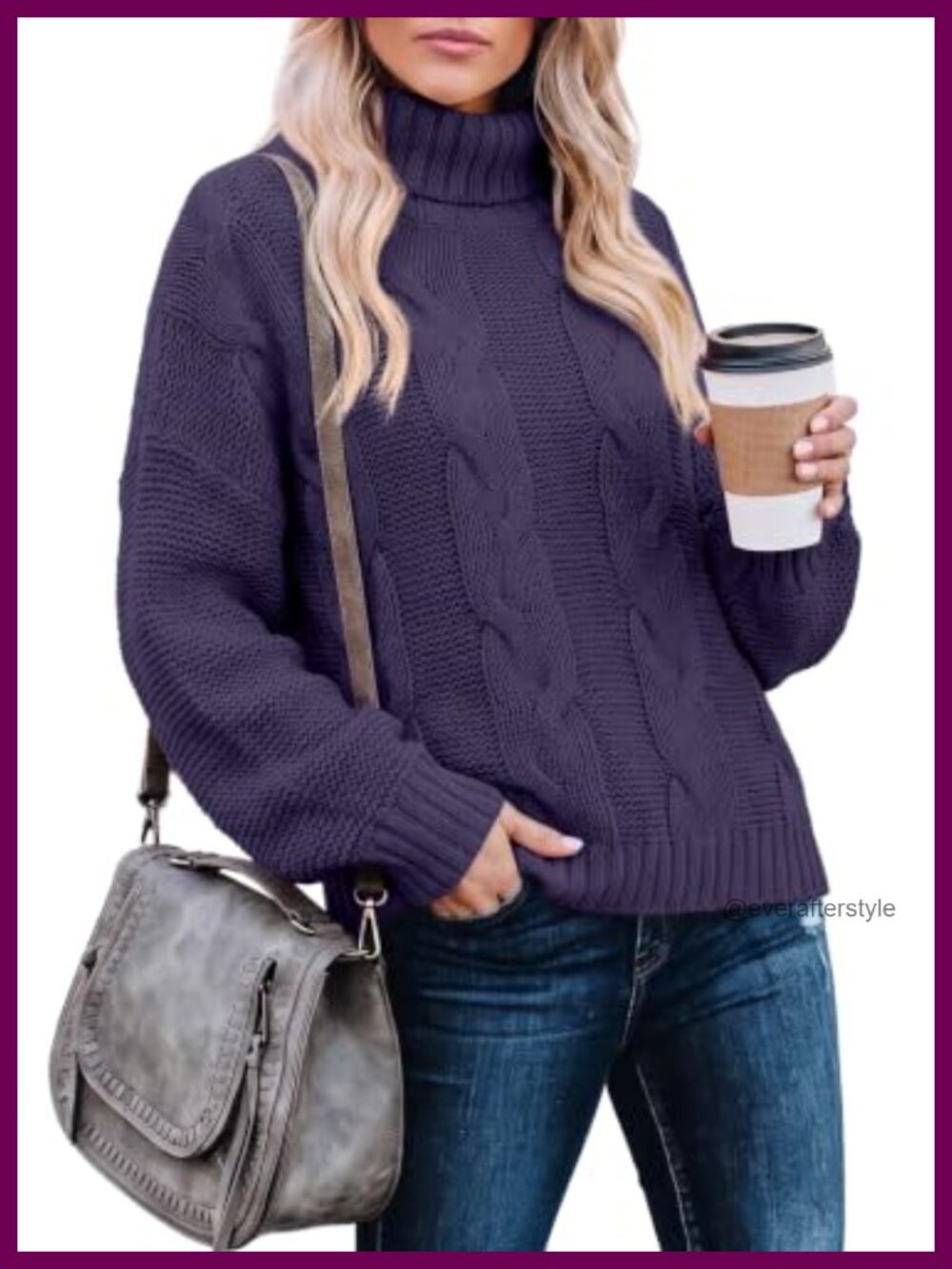 Womens Chunky Cable Knit Turtleneck Pullover Sweater Oversized